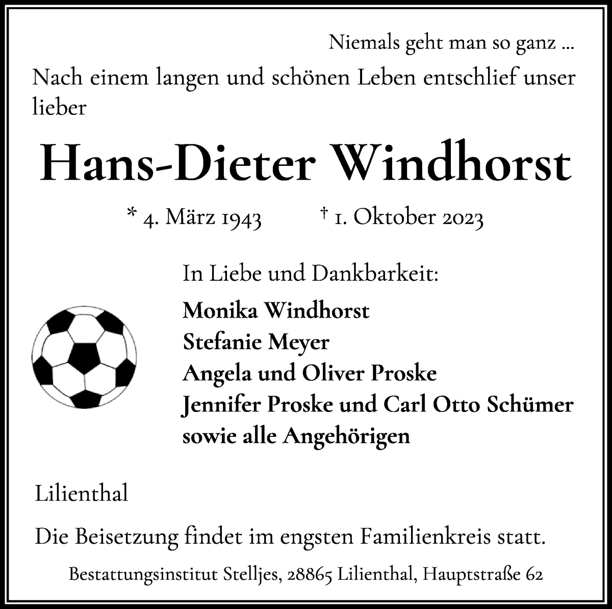 Traueranzeige von Hans-Dieter Windhorst von Wuemme Zeitung