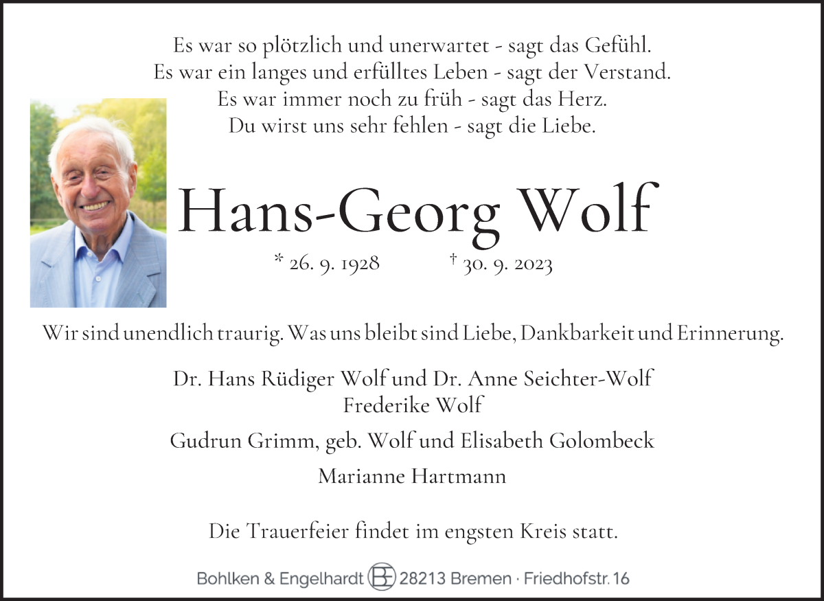 Traueranzeige von Hans-Georg Wolf von WESER-KURIER
