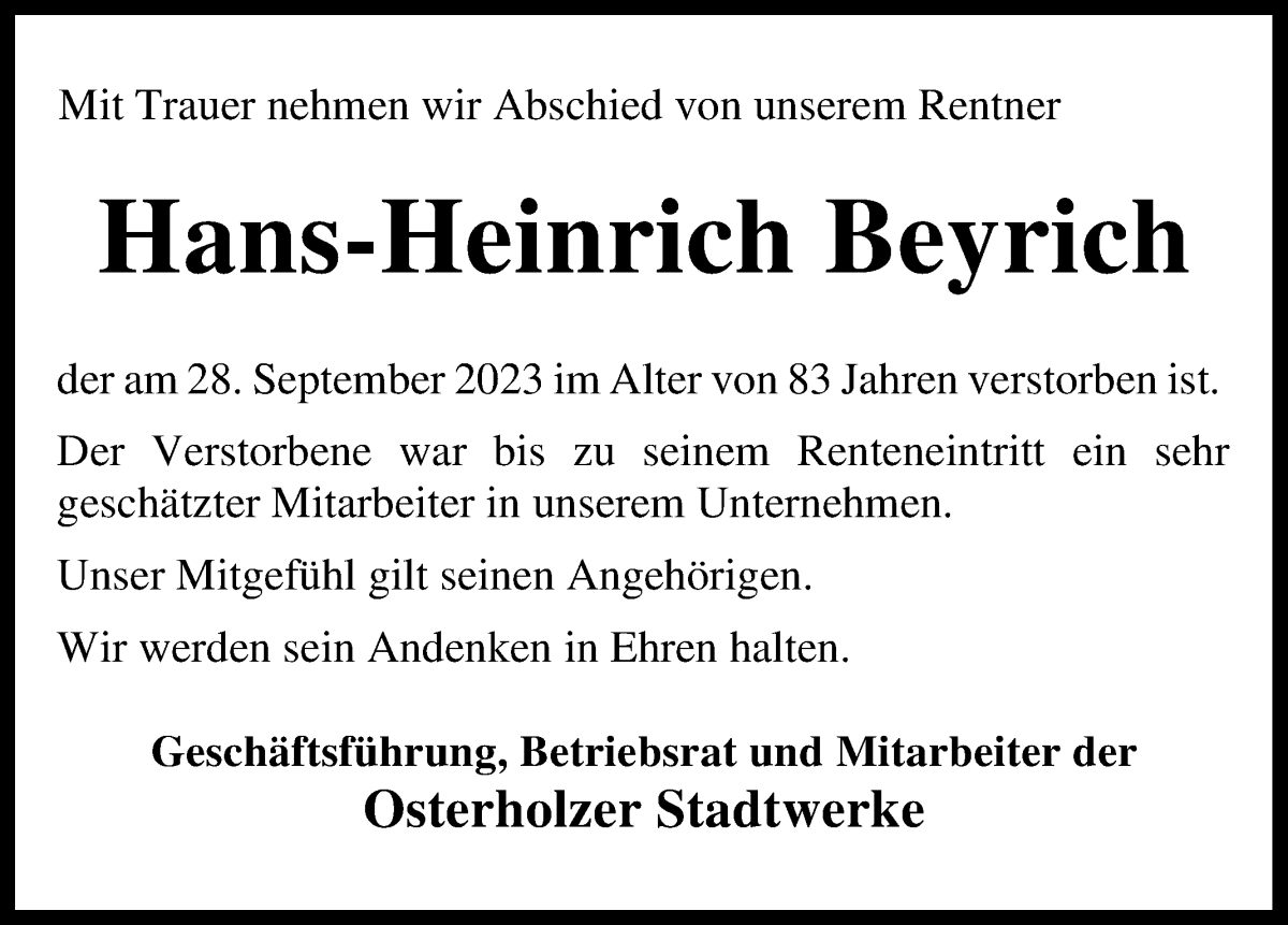 Traueranzeige von Hans-Heinrich Beyrich von Osterholzer Kreisblatt