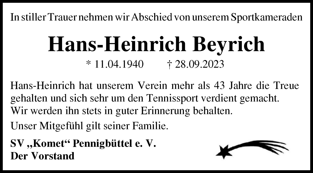 Traueranzeige von Hans-Heinrich Beyrich von Osterholzer Kreisblatt