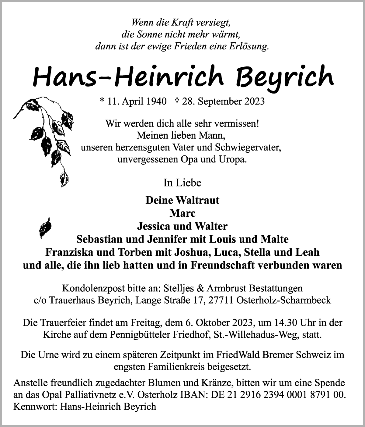 Traueranzeige von Hans-Heinrich Beyrich von Osterholzer Kreisblatt