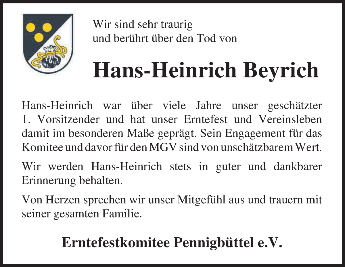 Traueranzeige von Hans-Heinrich Beyrich von Osterholzer Kreisblatt