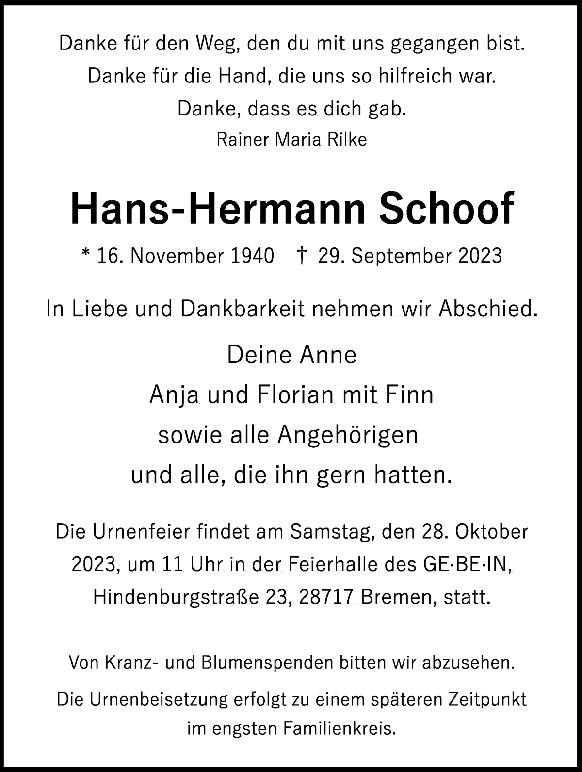 Traueranzeige von Hans-Hermann Schoof von Die Norddeutsche