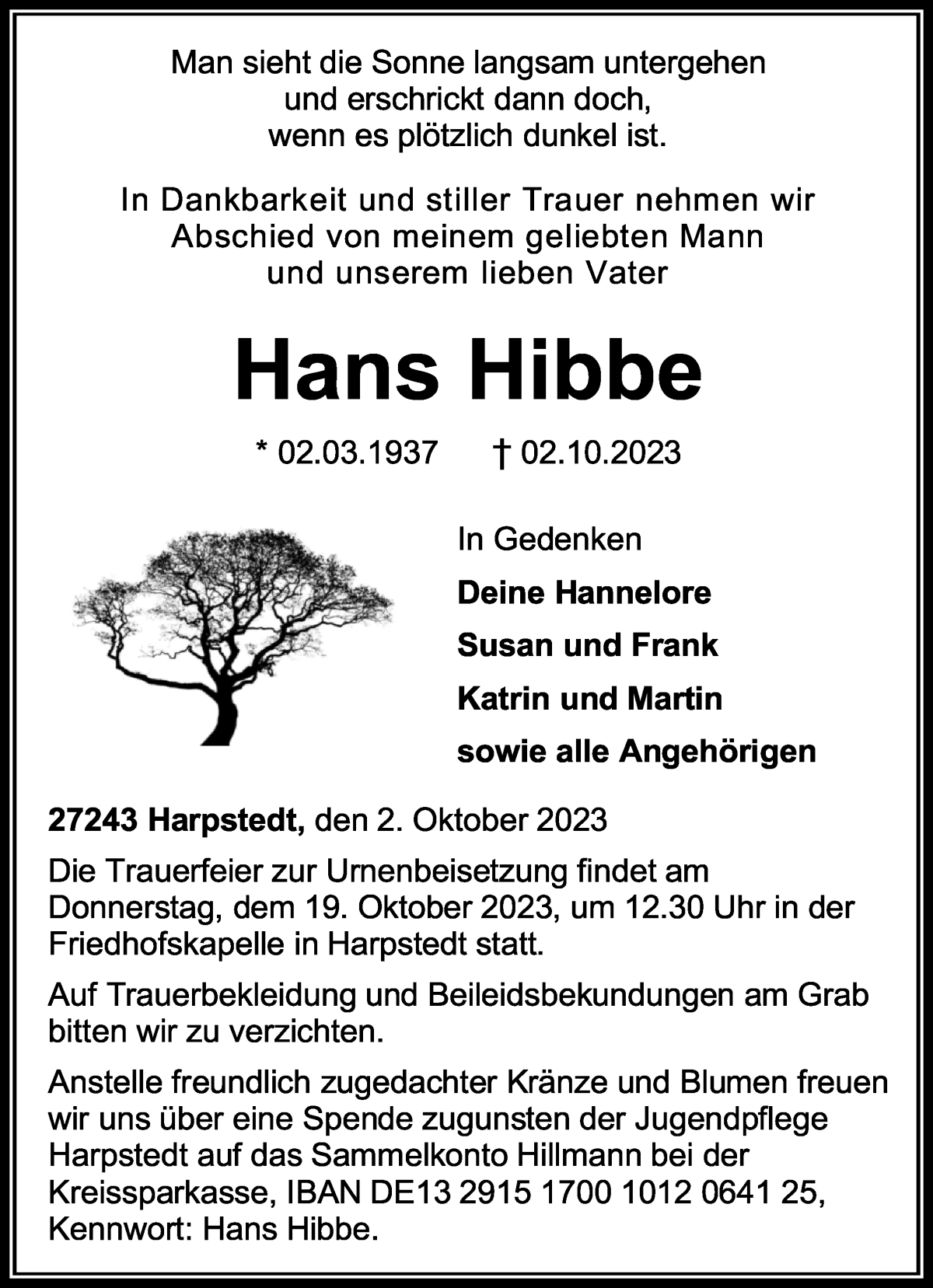 Traueranzeige von Hans Hibbe von WESER-KURIER