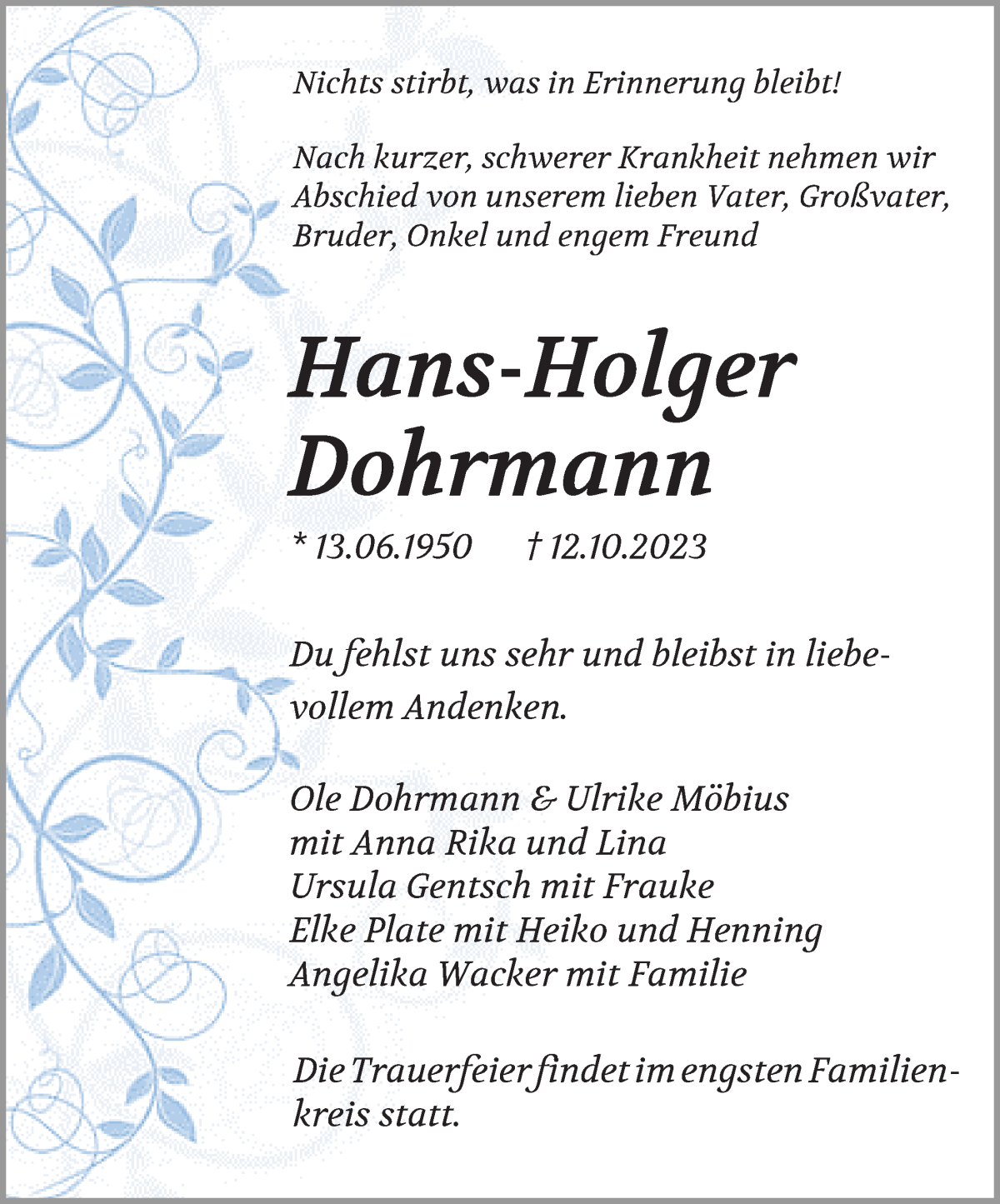 Traueranzeige von Hans-Holger Dohrmann von WESER-KURIER