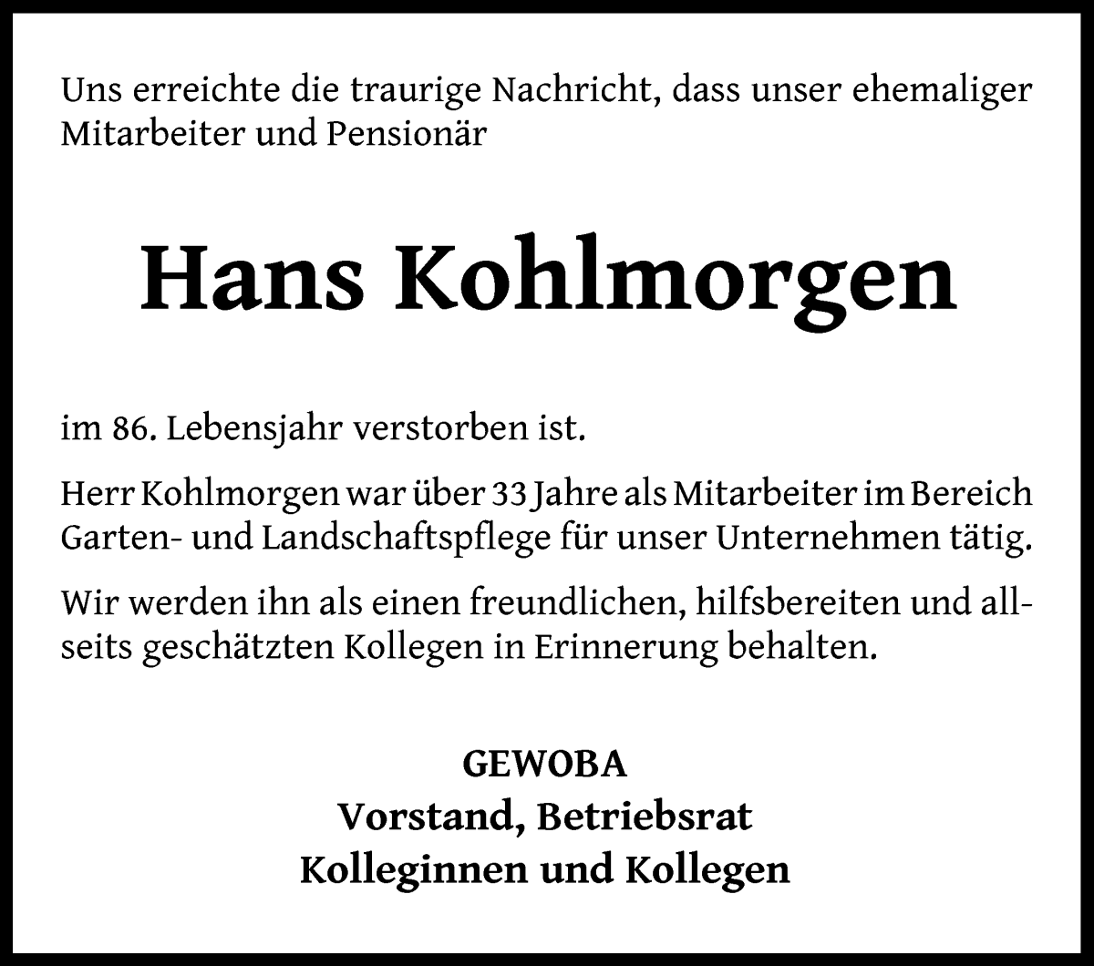 Traueranzeige von Hans Kohlmorgen von WESER-KURIER