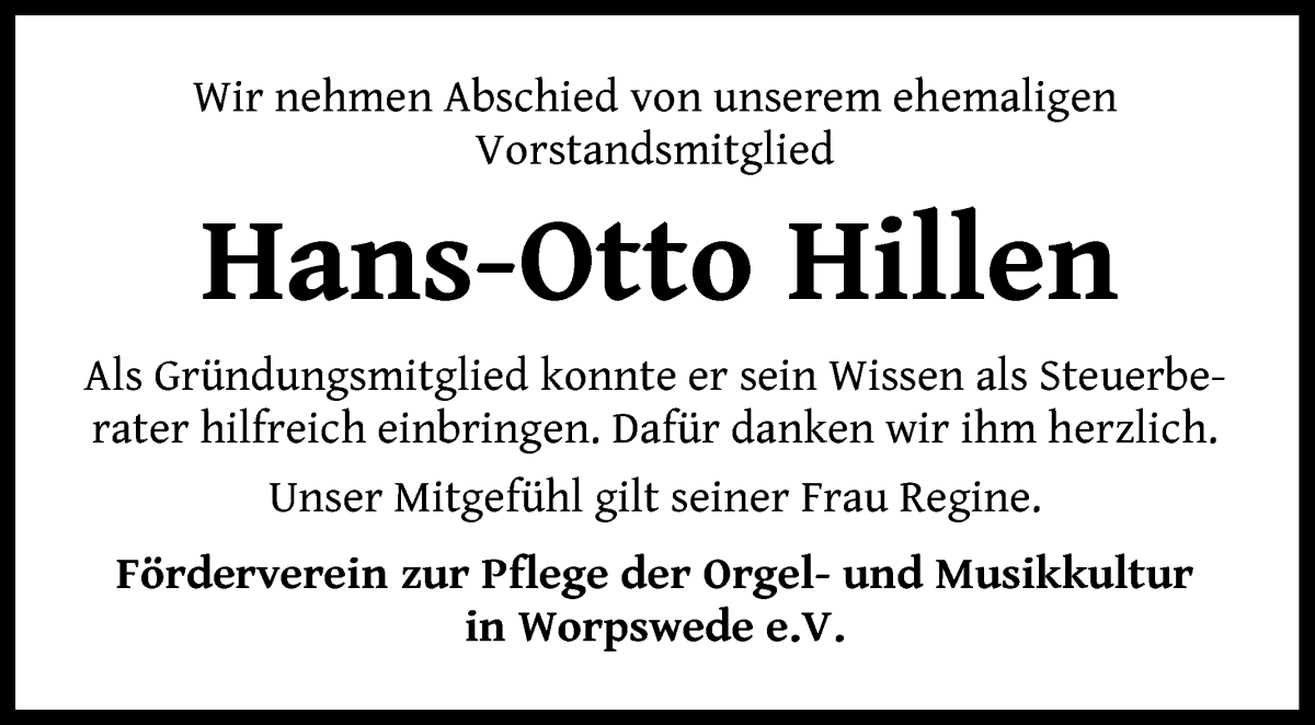 Traueranzeige von Hans Otto Hillen von Wuemme Zeitung