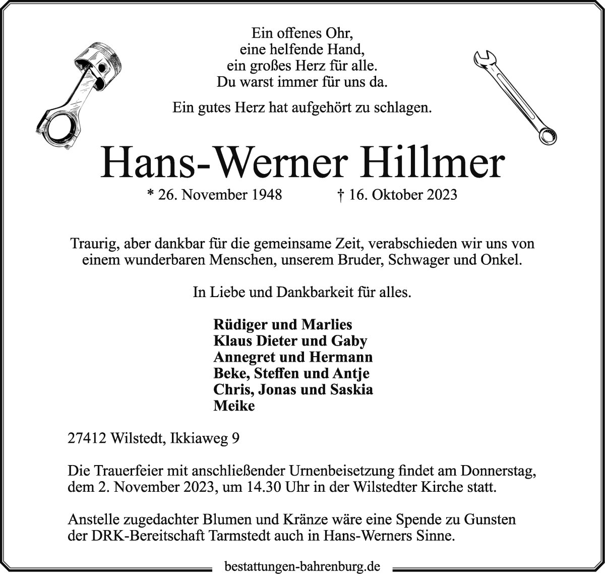 Traueranzeige von Hans-Werner Hillmer von Wuemme Zeitung