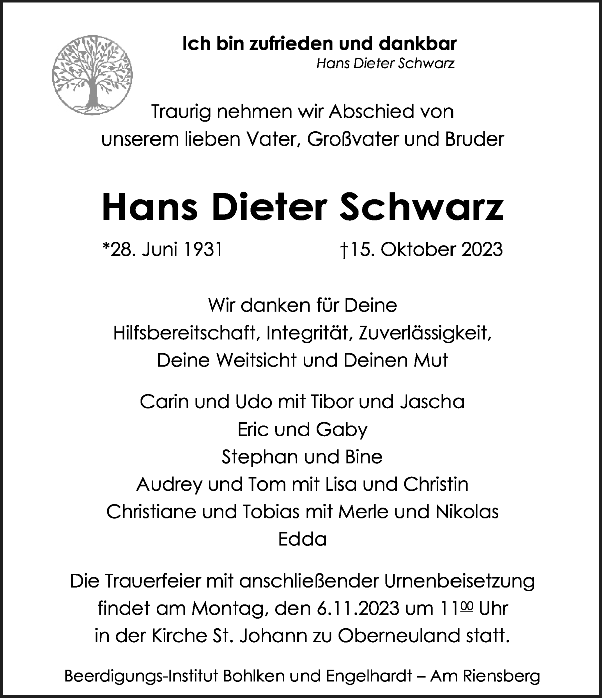 Traueranzeige von Hans Dieter Schwarz von WESER-KURIER