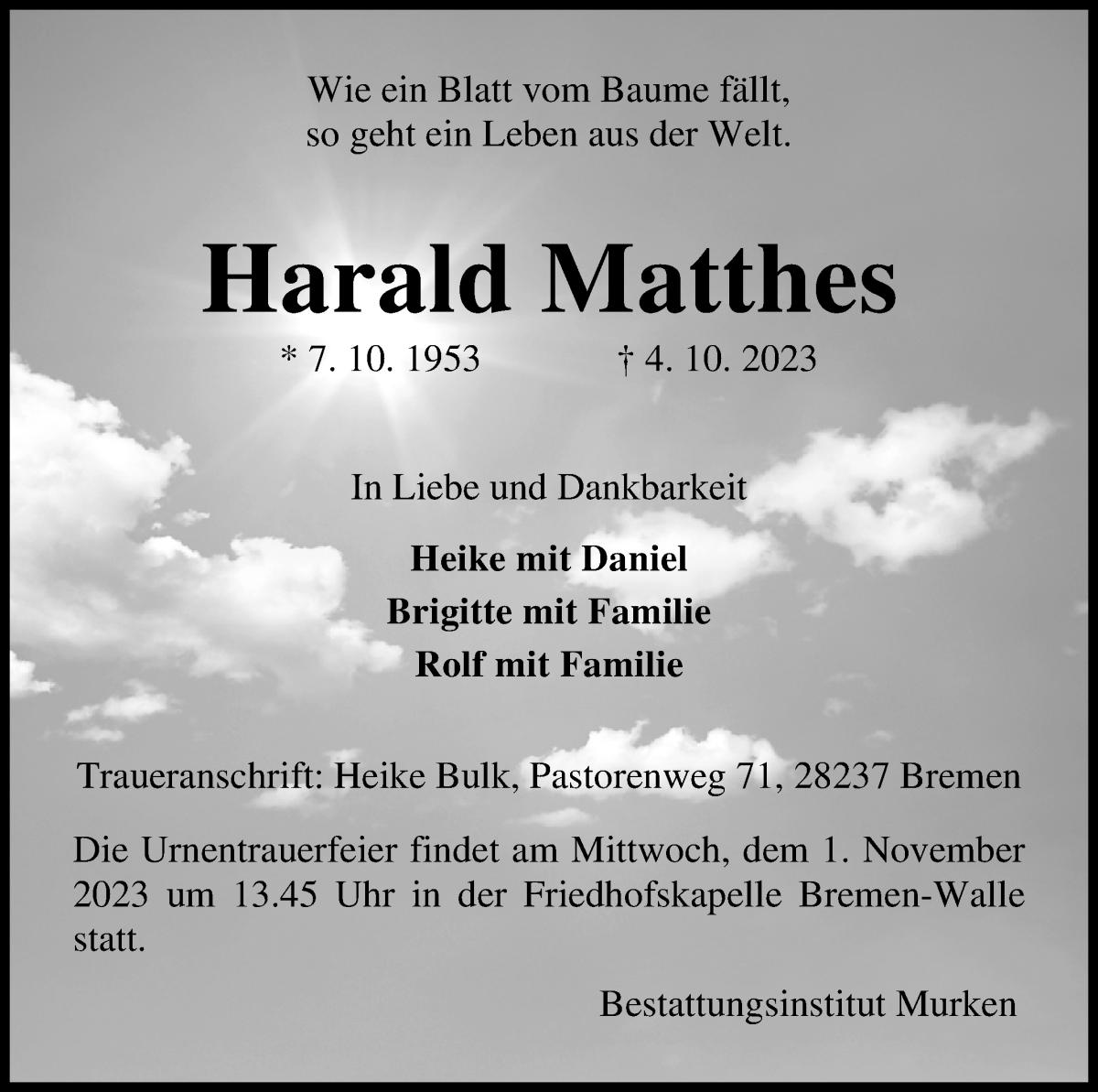 Traueranzeige von Harald Matthes von Osterholzer Kreisblatt