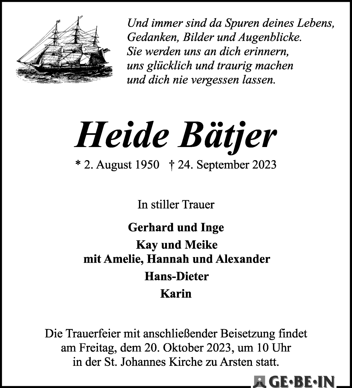 Traueranzeige von Heide Bätjer von WESER-KURIER