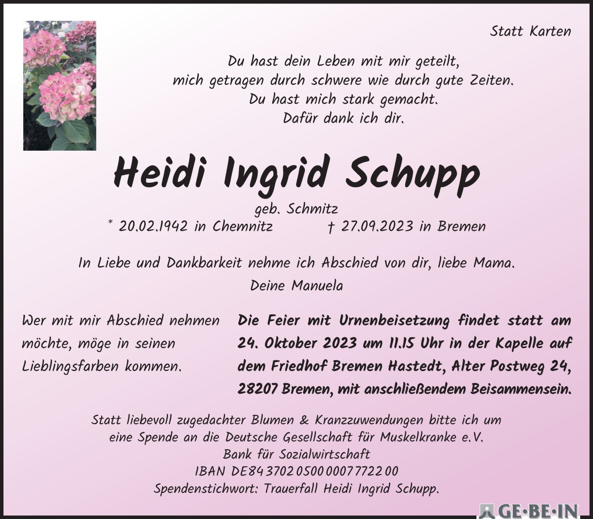 Traueranzeige von Heidi Ingrid Schupp von WESER-KURIER