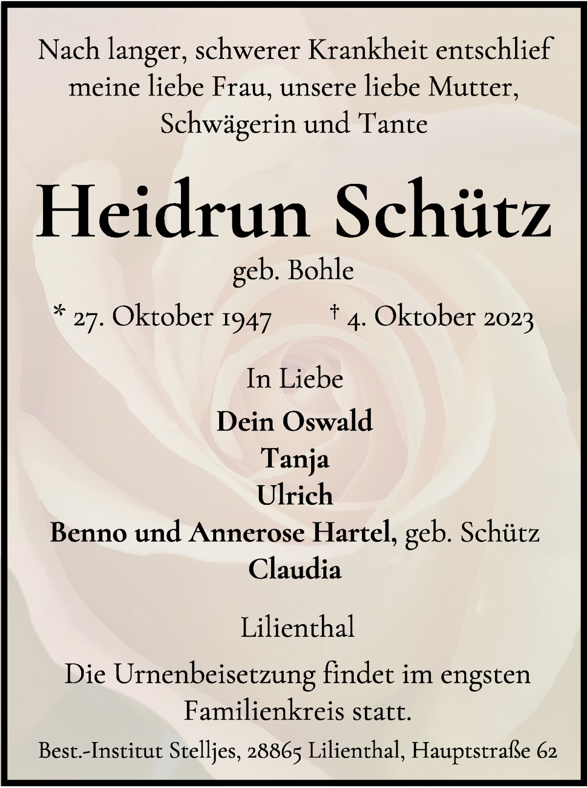 Traueranzeige von Heidrun Schütz von WESER-KURIER