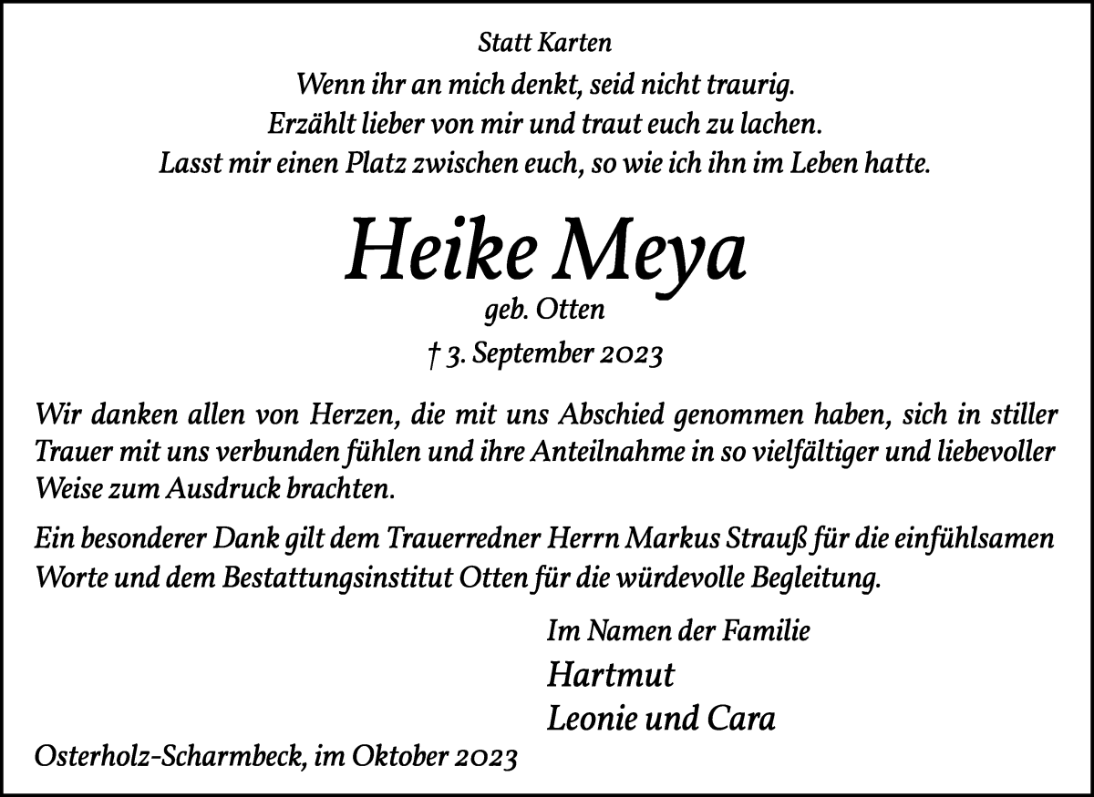 Traueranzeige von Heike Meya von Osterholzer Kreisblatt