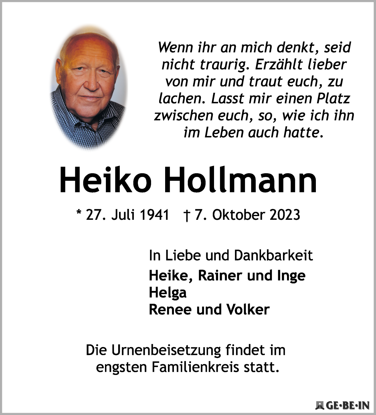 Traueranzeige von Heiko Hollmann von WESER-KURIER