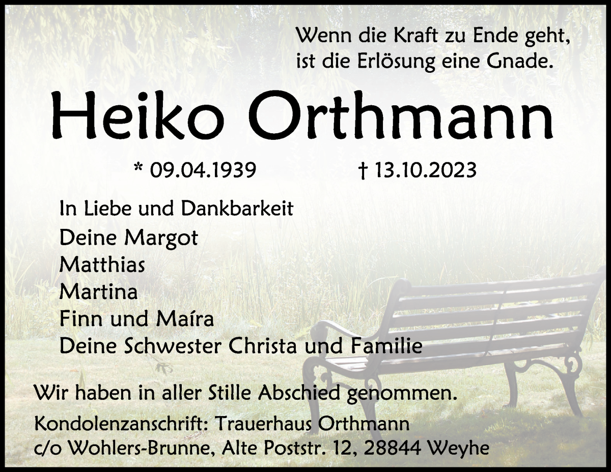 Traueranzeige von Heiko Orthmann von WESER-KURIER