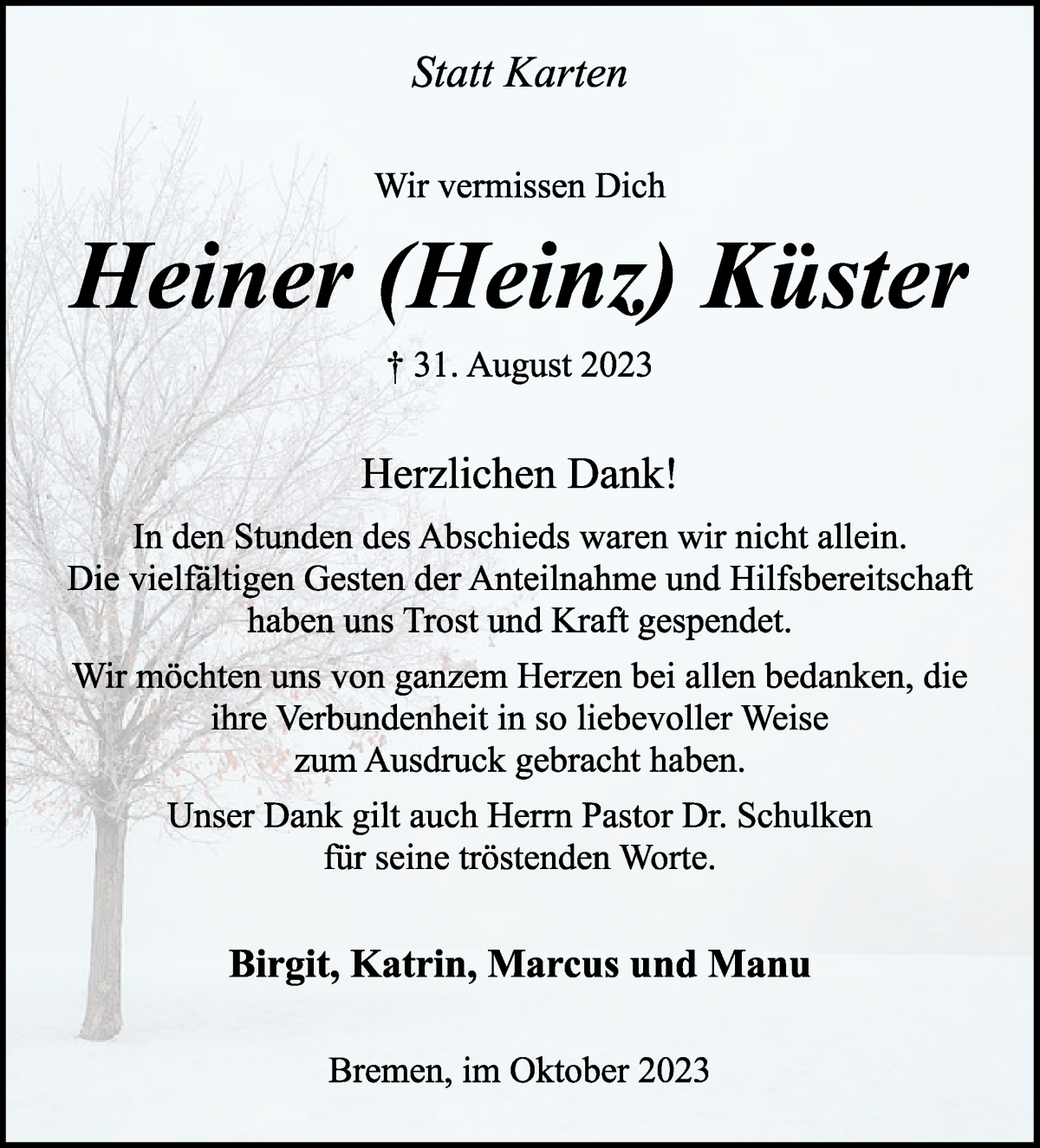 Traueranzeige von Heiner (Heinz) Küster von WESER-KURIER