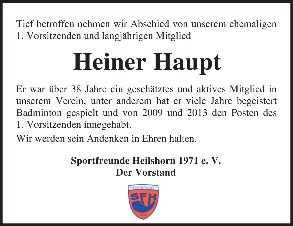 Traueranzeige von Heiner Haupt von Osterholzer Kreisblatt