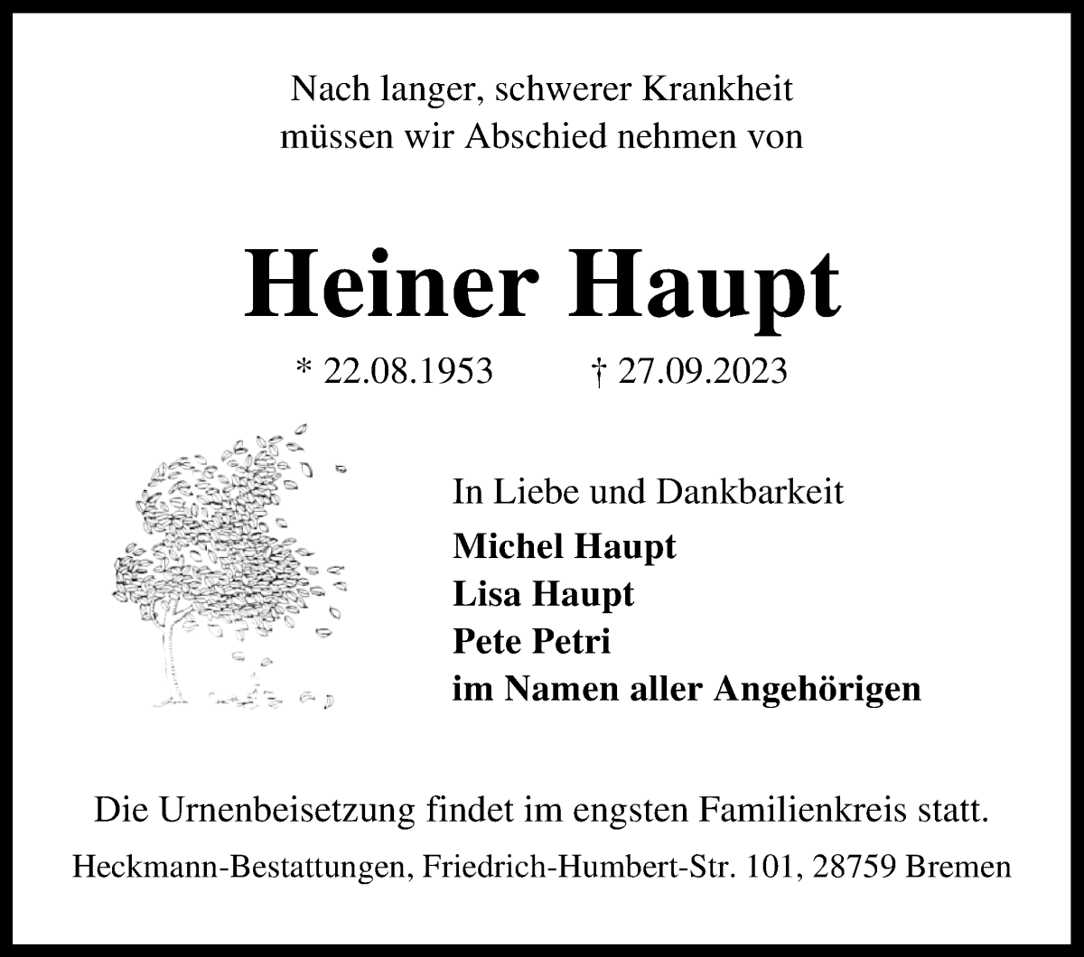 Traueranzeige von Heiner Haupt von Osterholzer Kreisblatt