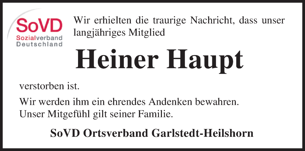 Traueranzeige von Heiner Haupt von Osterholzer Kreisblatt