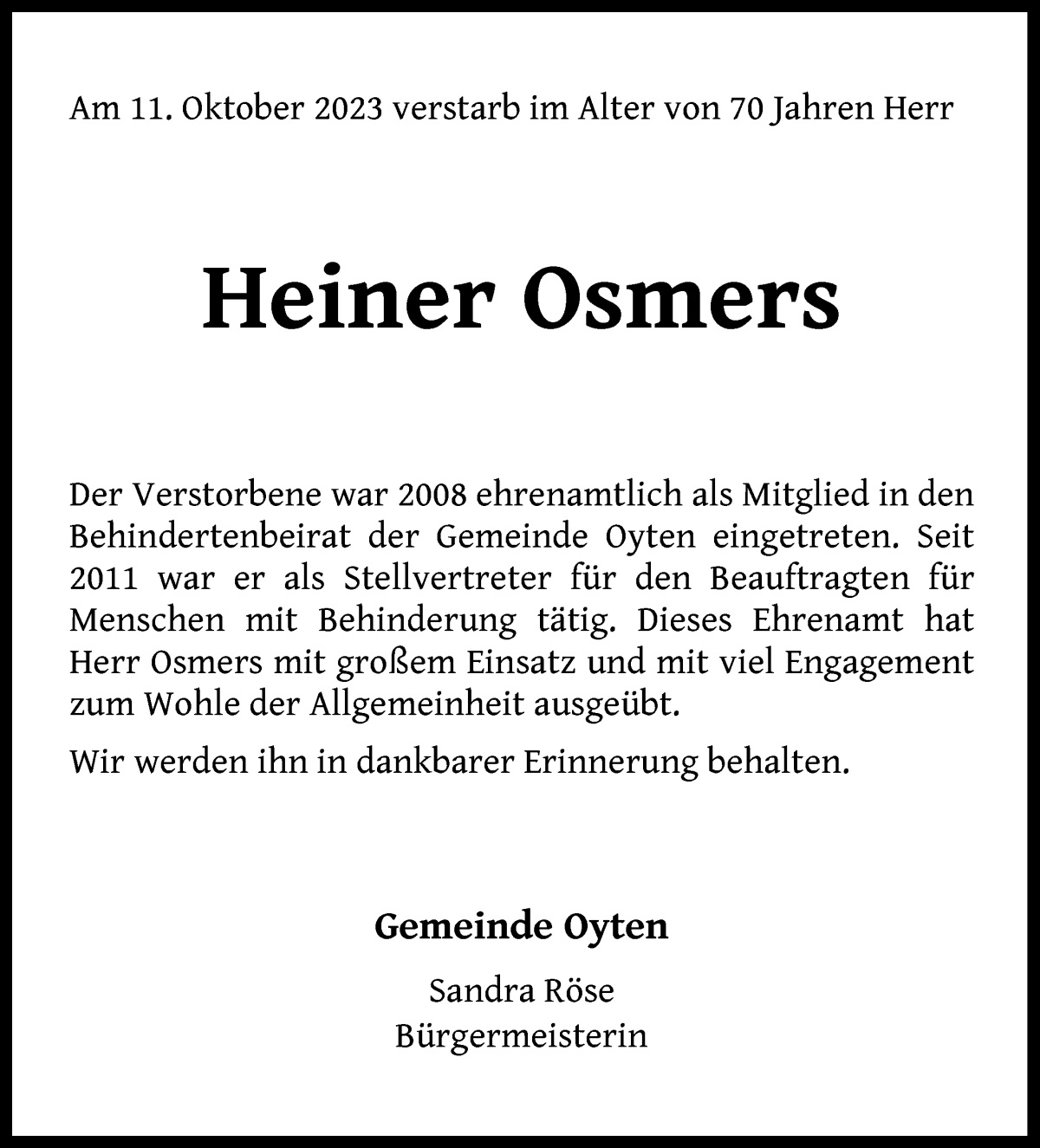 Traueranzeige von Heiner Osmers von Achimer Kurier/Verdener Nachrichten