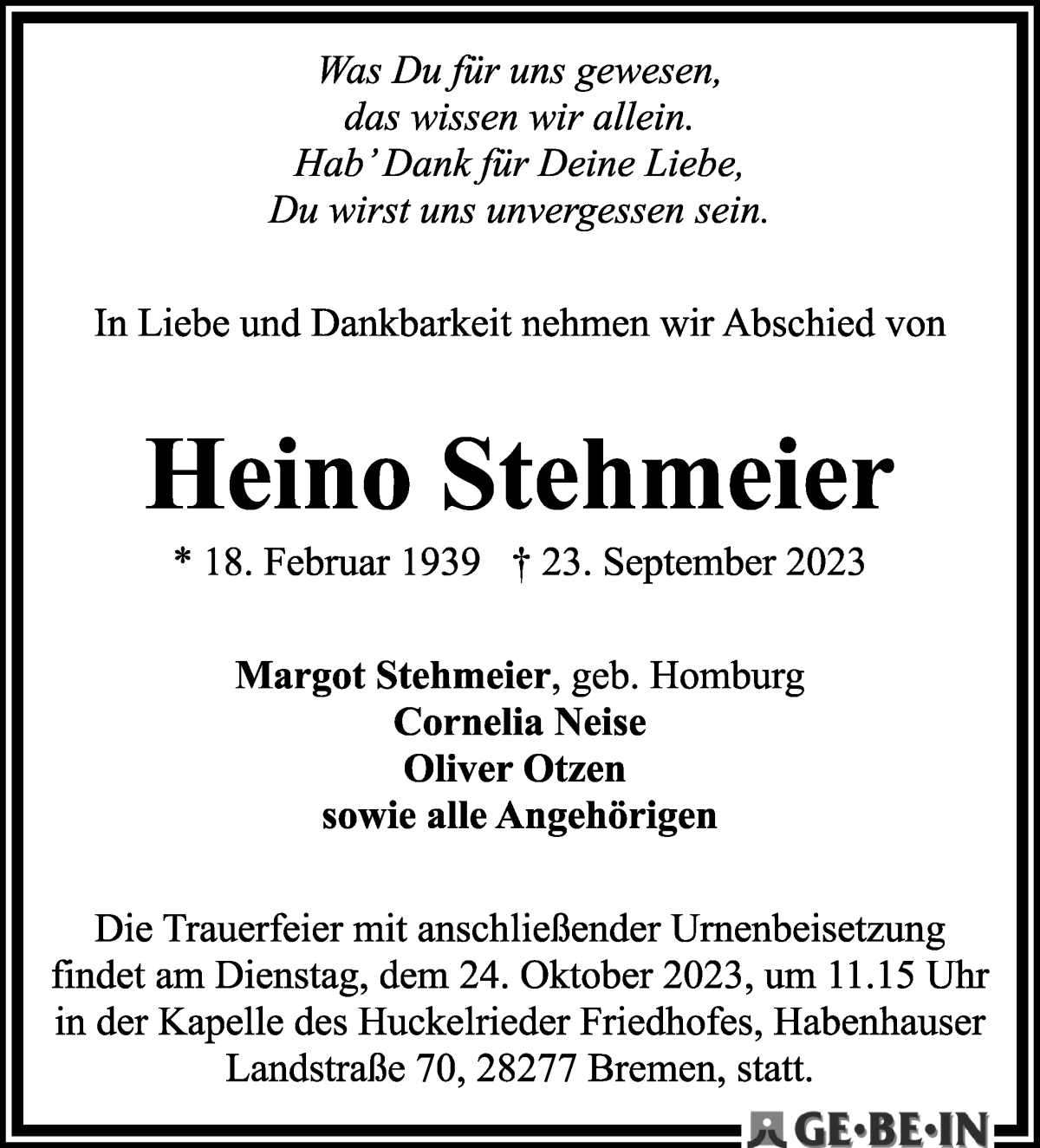 Traueranzeige von Heino Stehmeier von WESER-KURIER