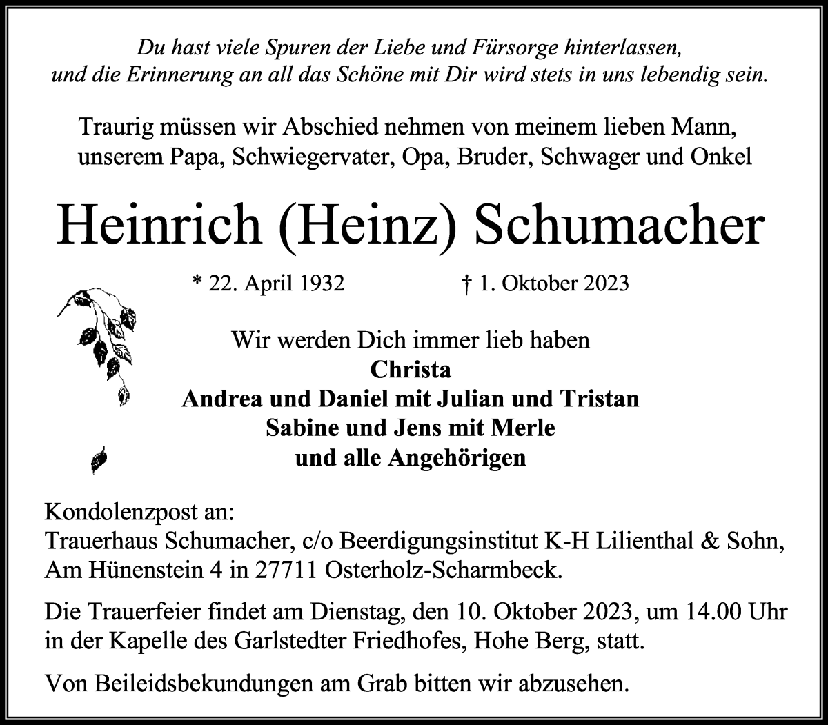 Traueranzeige von Heinrich (Heinz) Schumacher von Osterholzer Kreisblatt