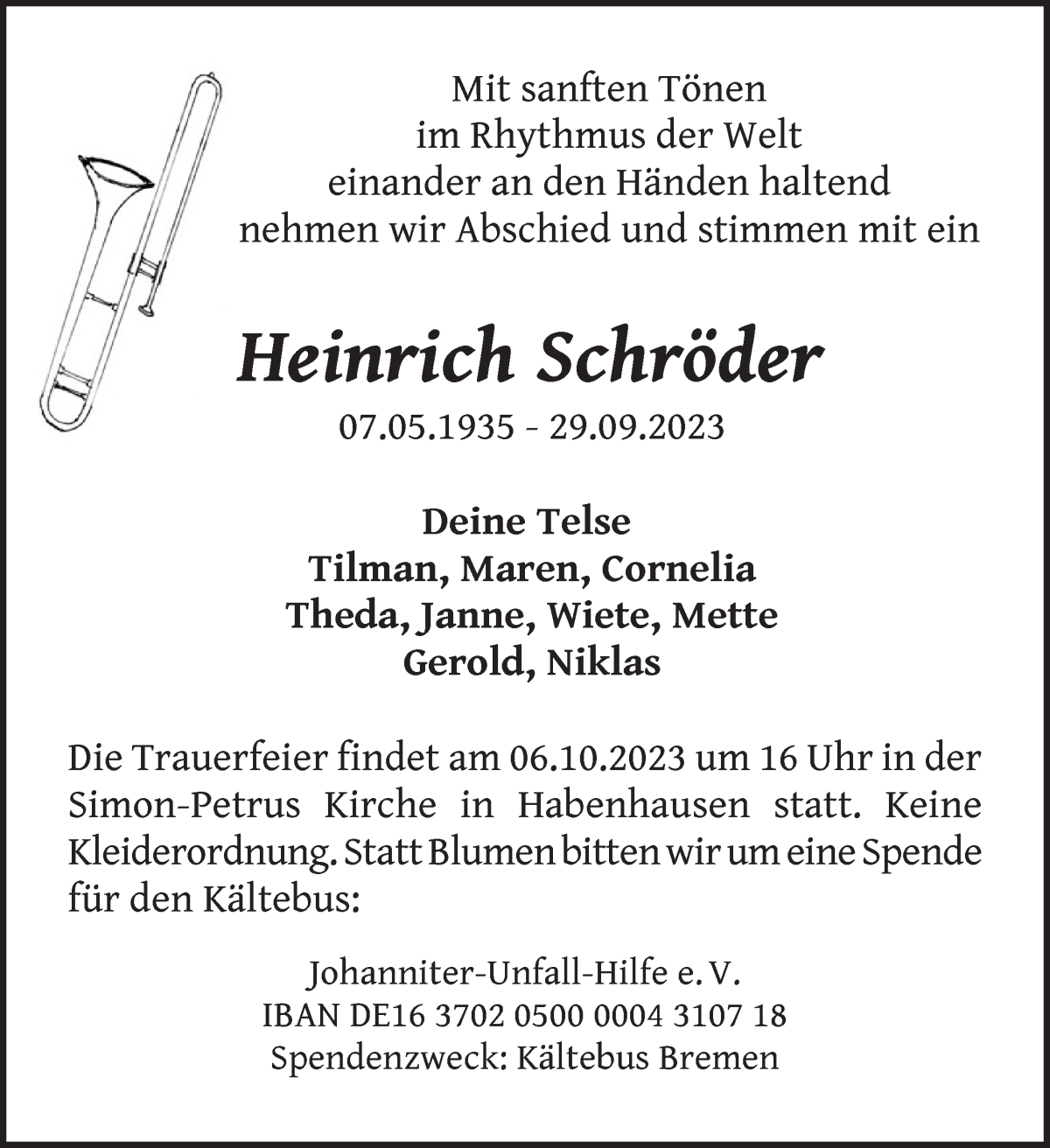 Traueranzeige von Heinrich Schröder von WESER-KURIER