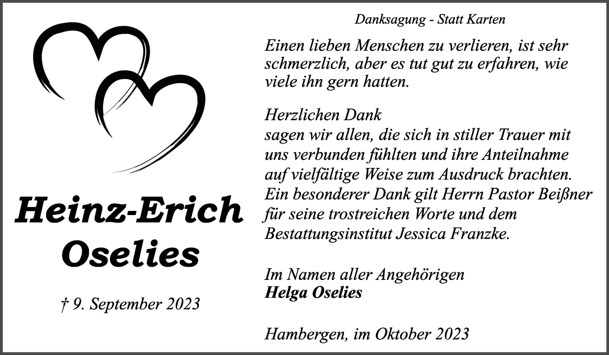 Traueranzeige von Heinz-Erich Oselies von Osterholzer Kreisblatt