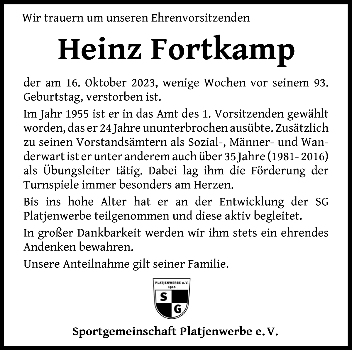 Traueranzeige von Heinz Fortkamp von Osterholzer Kreisblatt