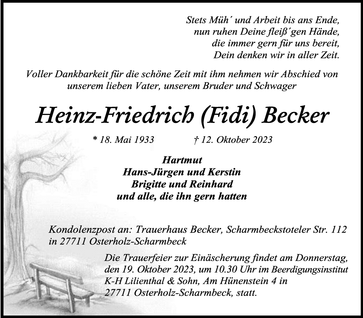 Traueranzeige von Heinz-Friedrich Becker von Osterholzer Kreisblatt