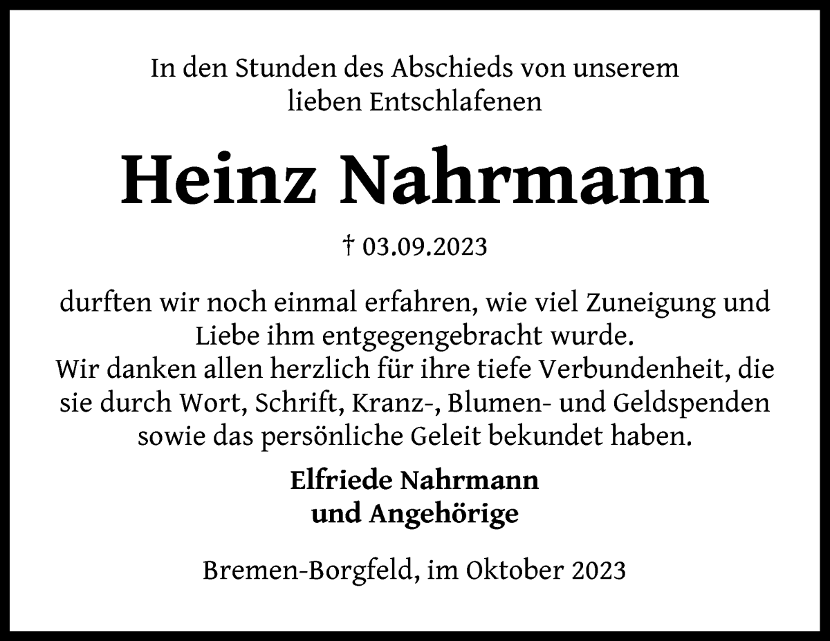 Traueranzeige von Heinz Nahrmann von Wuemme Zeitung