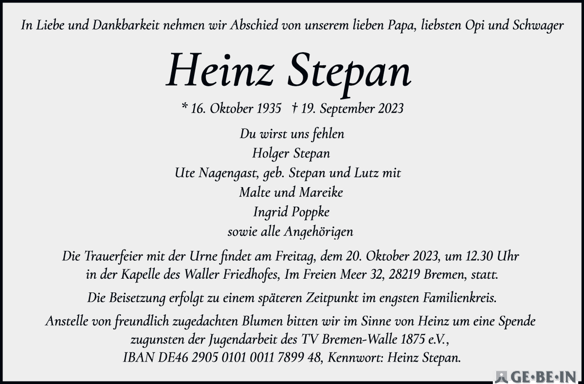 Traueranzeige von Heinz Stepan von WESER-KURIER