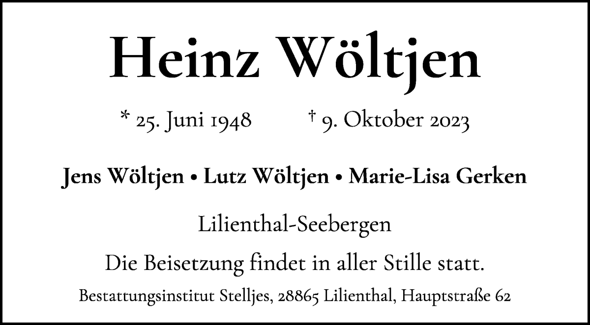 Traueranzeige von Heinz Wöltjen von Wuemme Zeitung