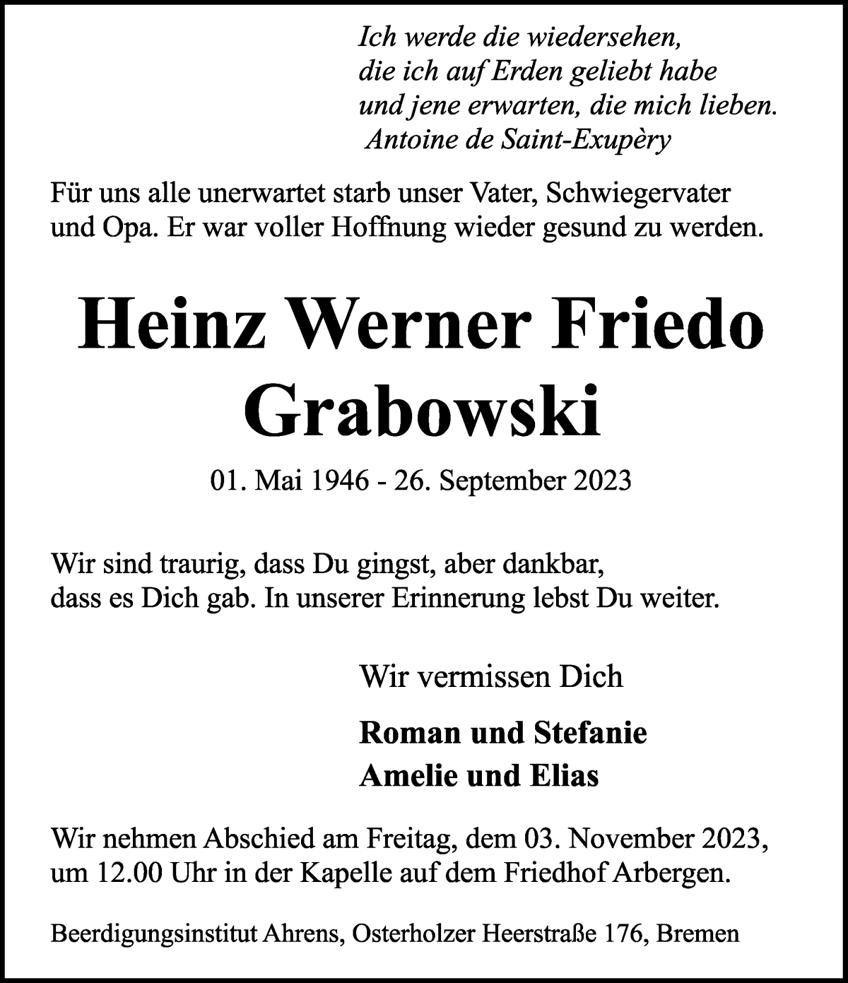 Traueranzeige von Heinz Werner Friedo Grabowski von WESER-KURIER