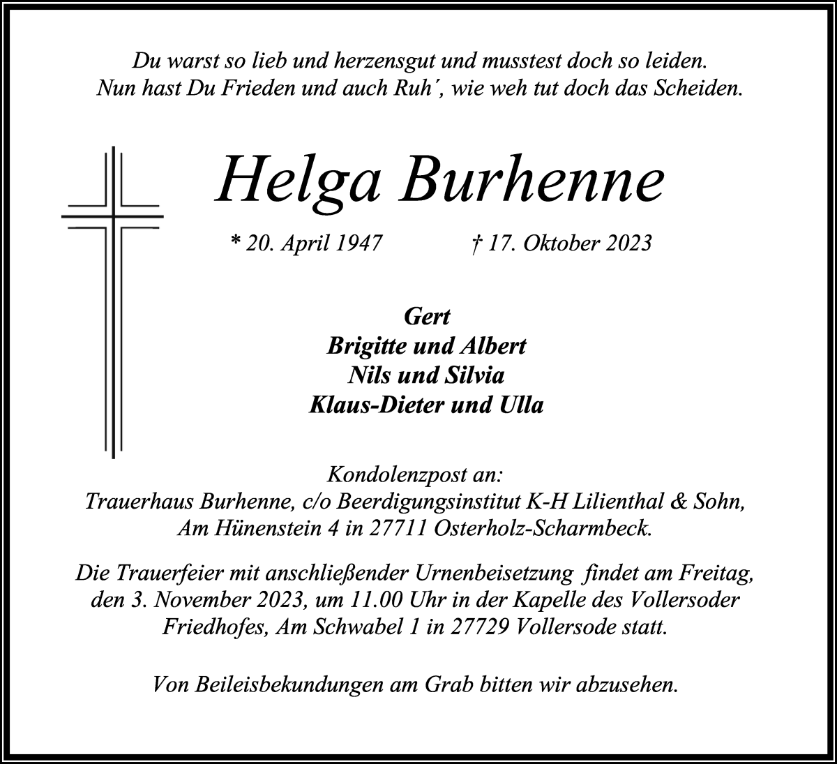 Traueranzeige von Helga Burhenne von Osterholzer Kreisblatt