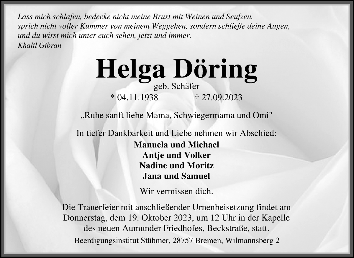 Traueranzeige von Helga Döring von Die Norddeutsche