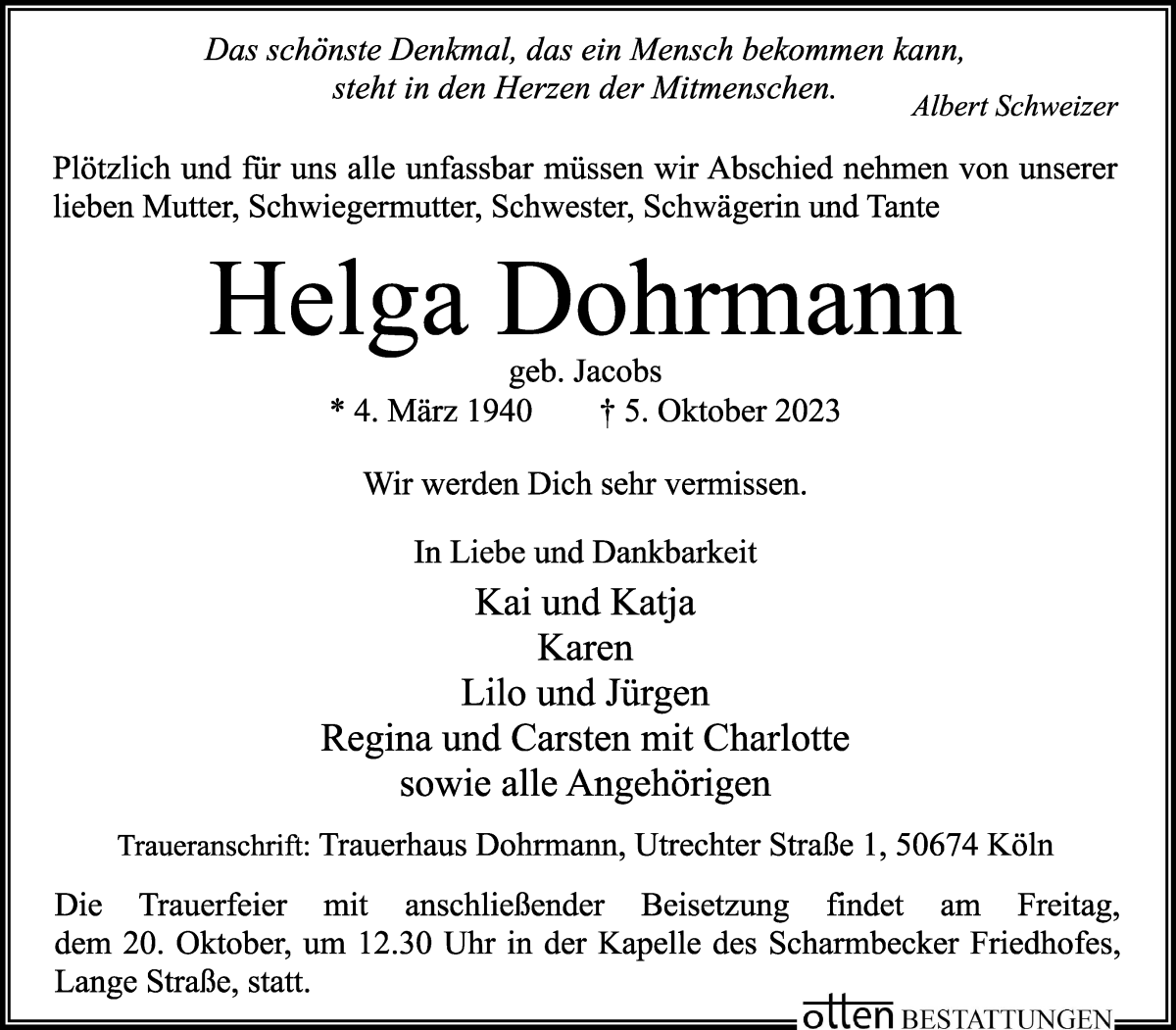 Traueranzeige von Helga Dohrmann von Osterholzer Kreisblatt