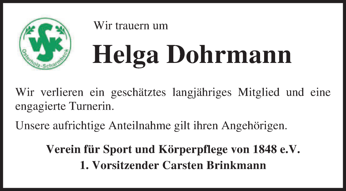 Traueranzeige von Helga Dohrmann von Osterholzer Kreisblatt