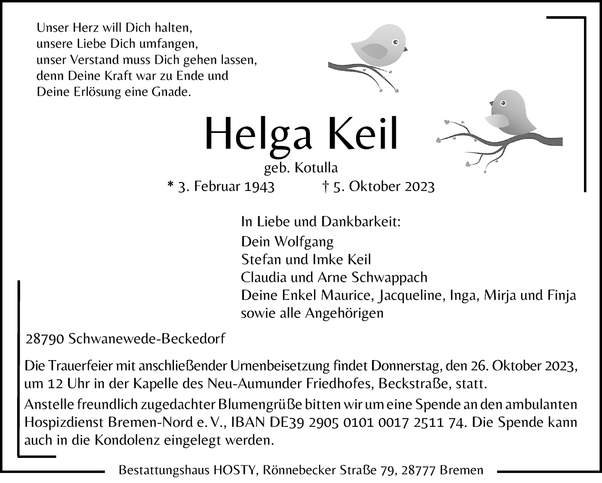 Traueranzeige von Helga Keil von Die Norddeutsche