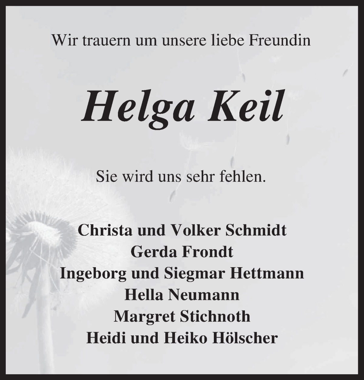 Traueranzeige von Helga Keil von Die Norddeutsche