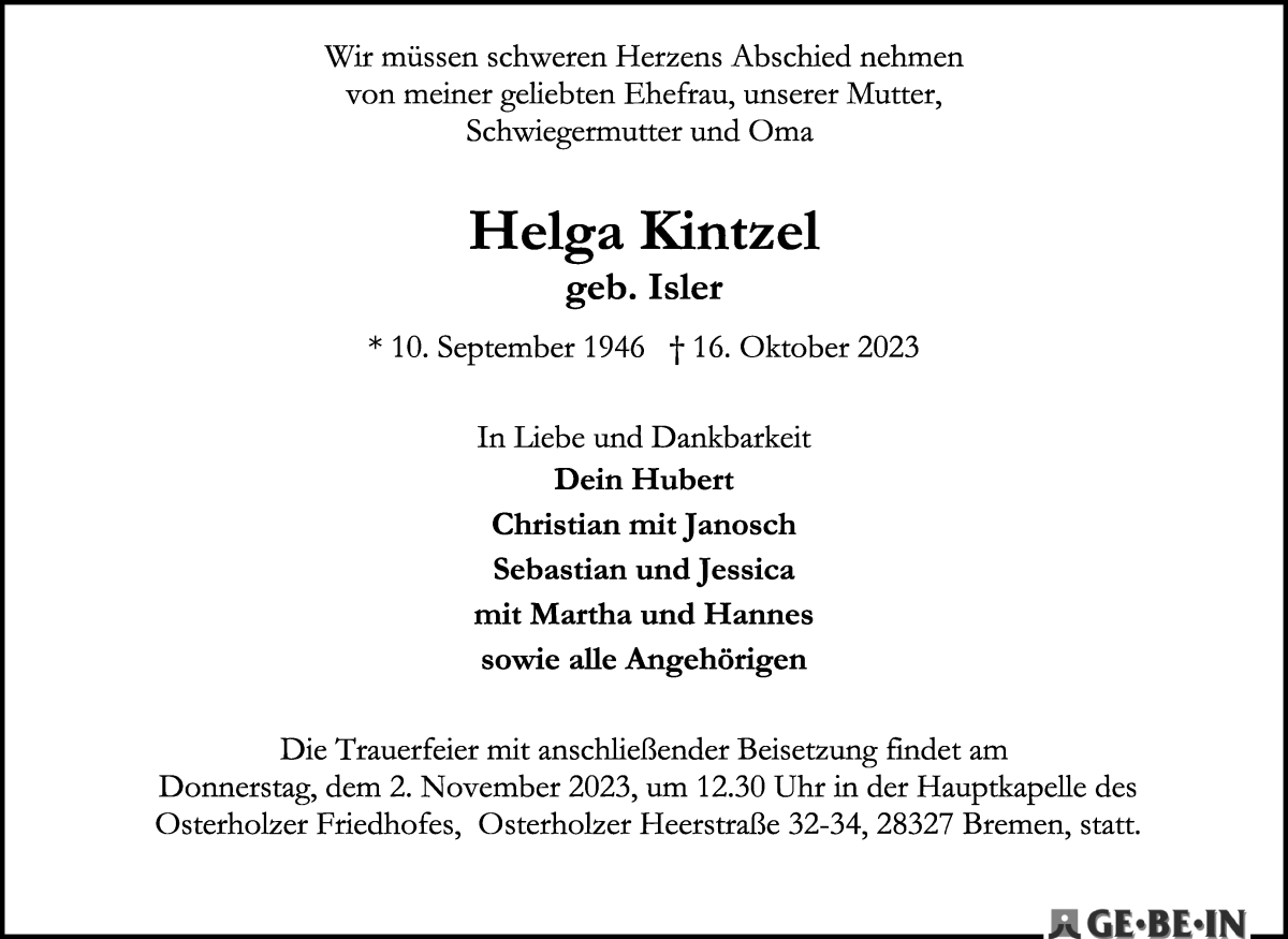 Traueranzeige von Helga Kintzel von WESER-KURIER