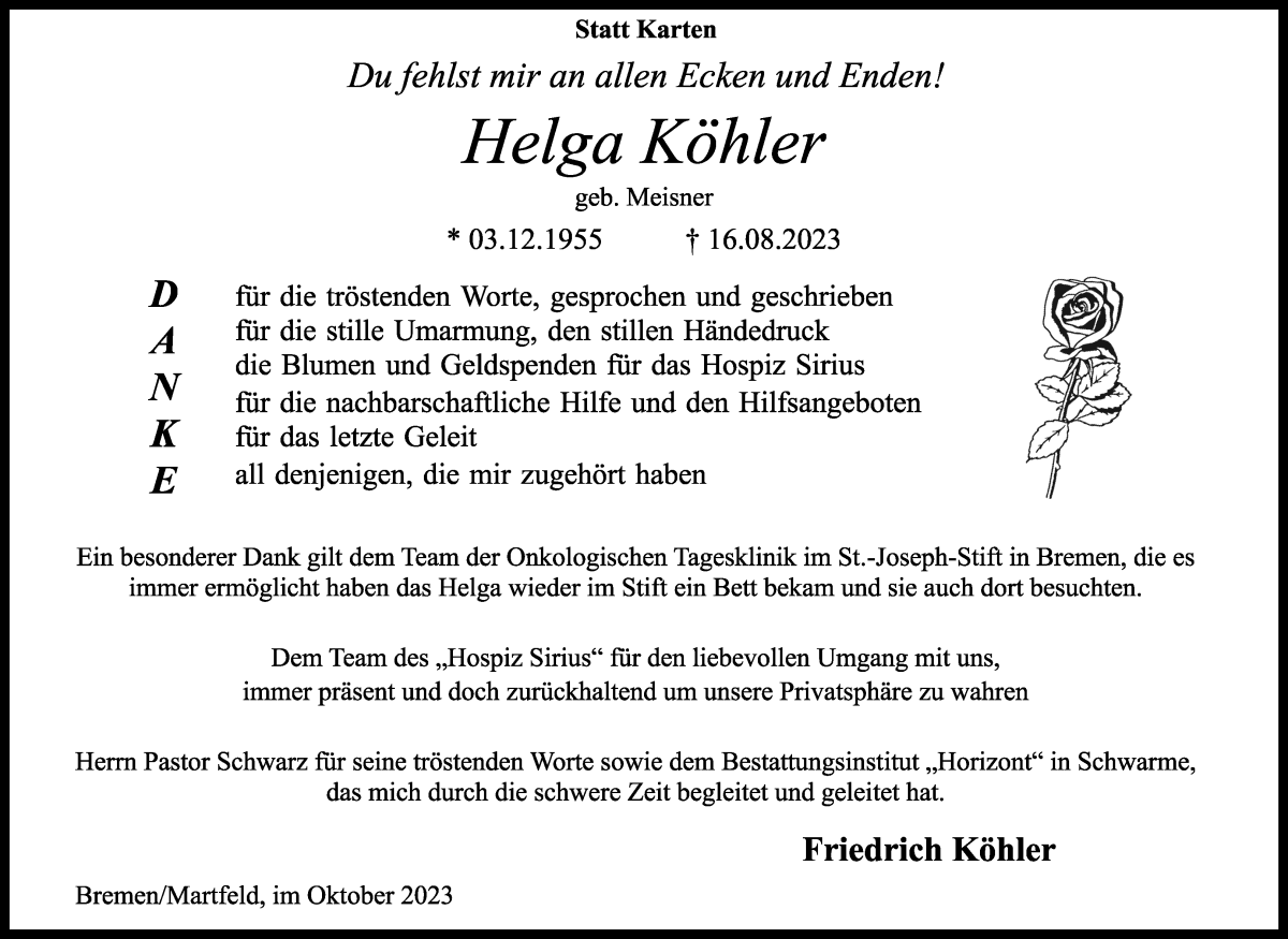 Traueranzeige von Helga Köhler von WESER-KURIER