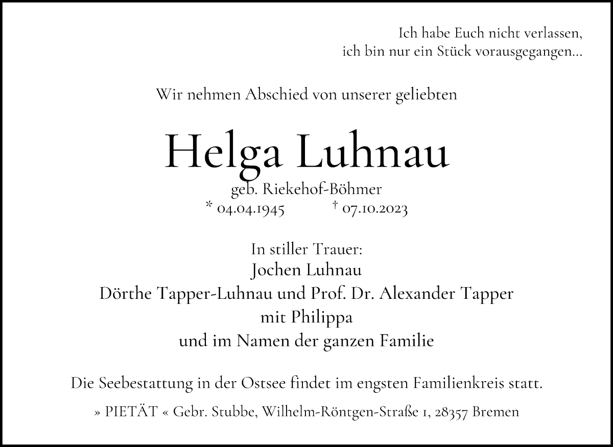 Traueranzeige von Helga Luhnau von WESER-KURIER