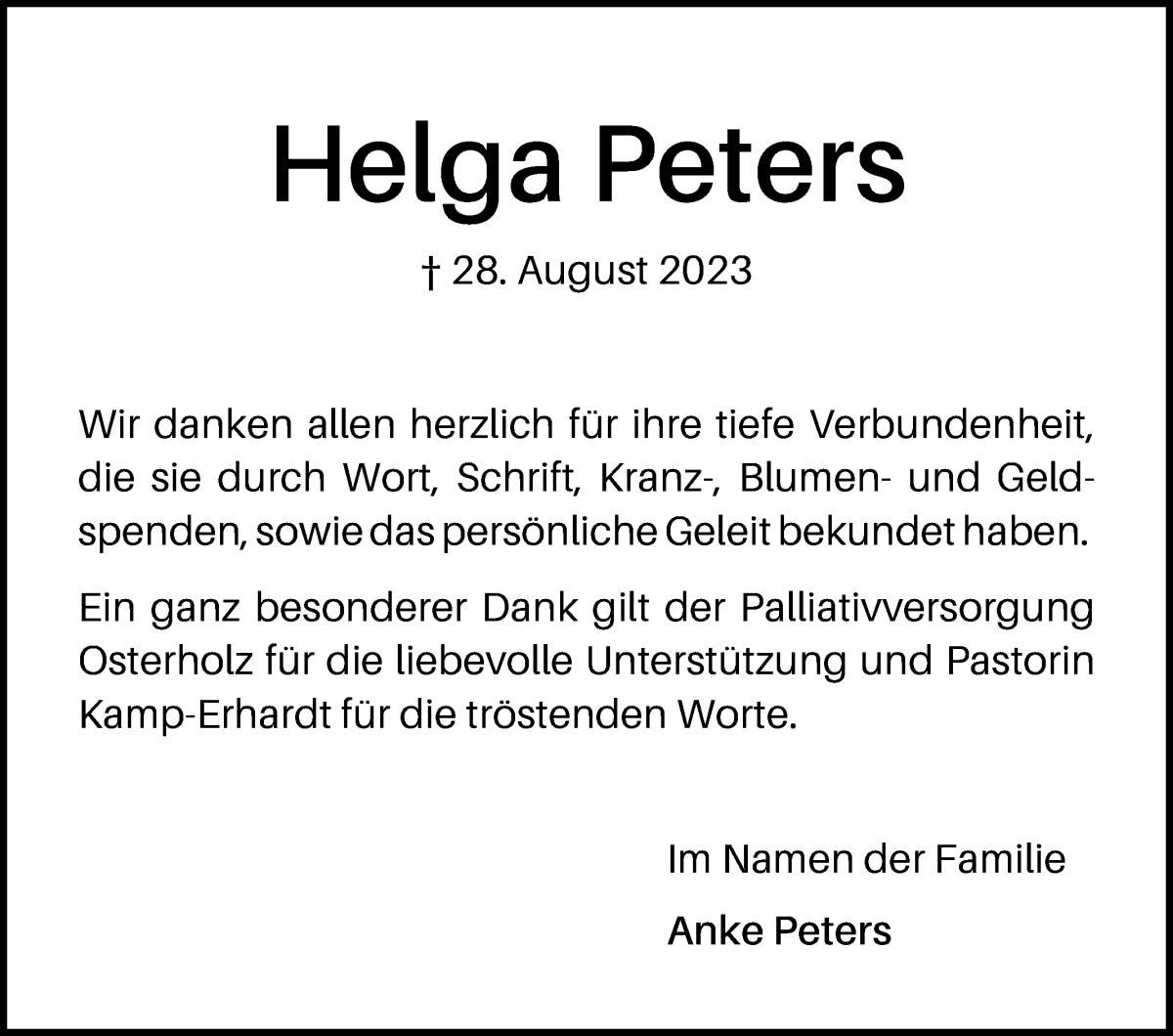 Traueranzeige von Helga Peters von Wuemme Zeitung