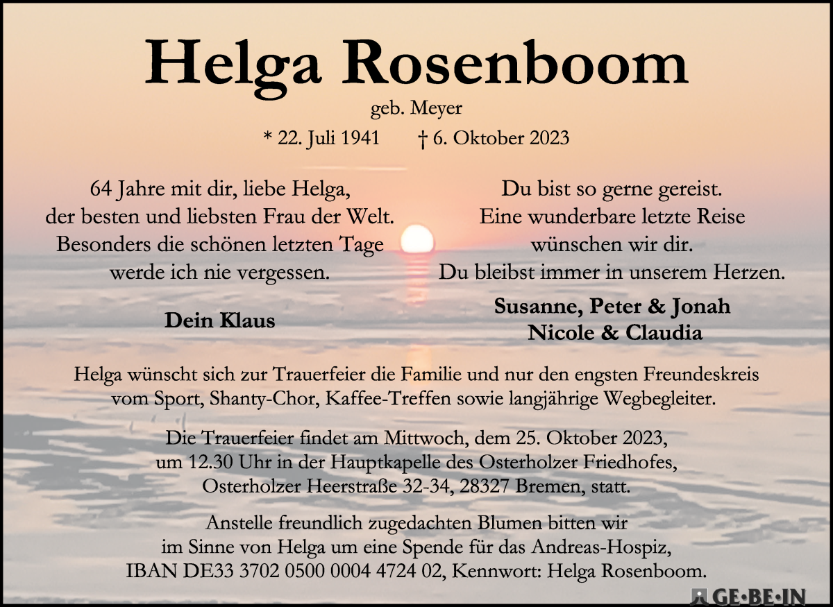 Traueranzeige von Helga Rosenboom von WESER-KURIER