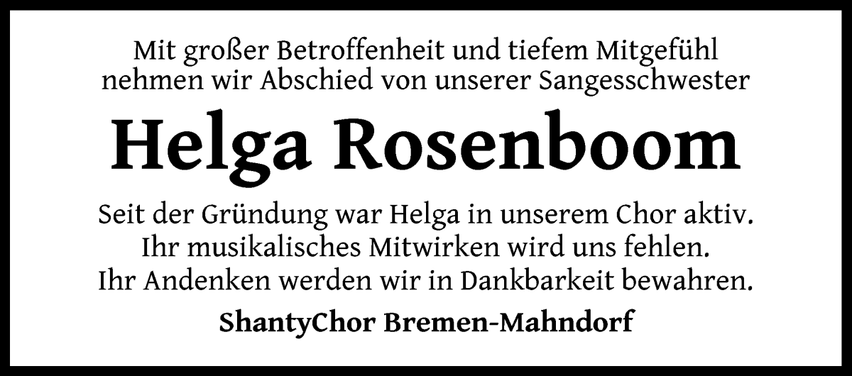 Traueranzeige von Helga Rosenboom von WESER-KURIER