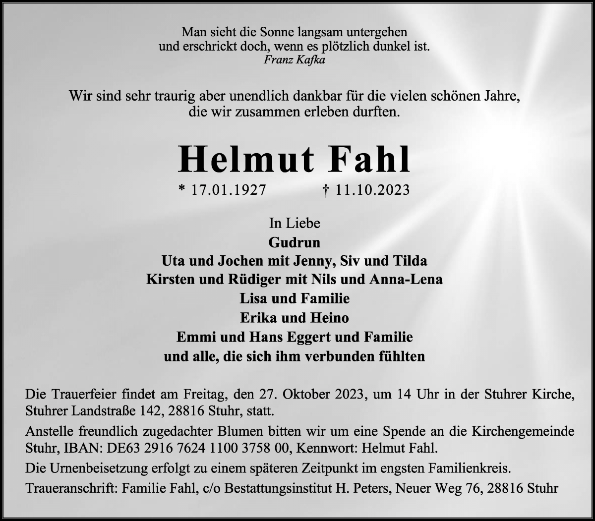 Traueranzeige von Helmut Fahl von WESER-KURIER