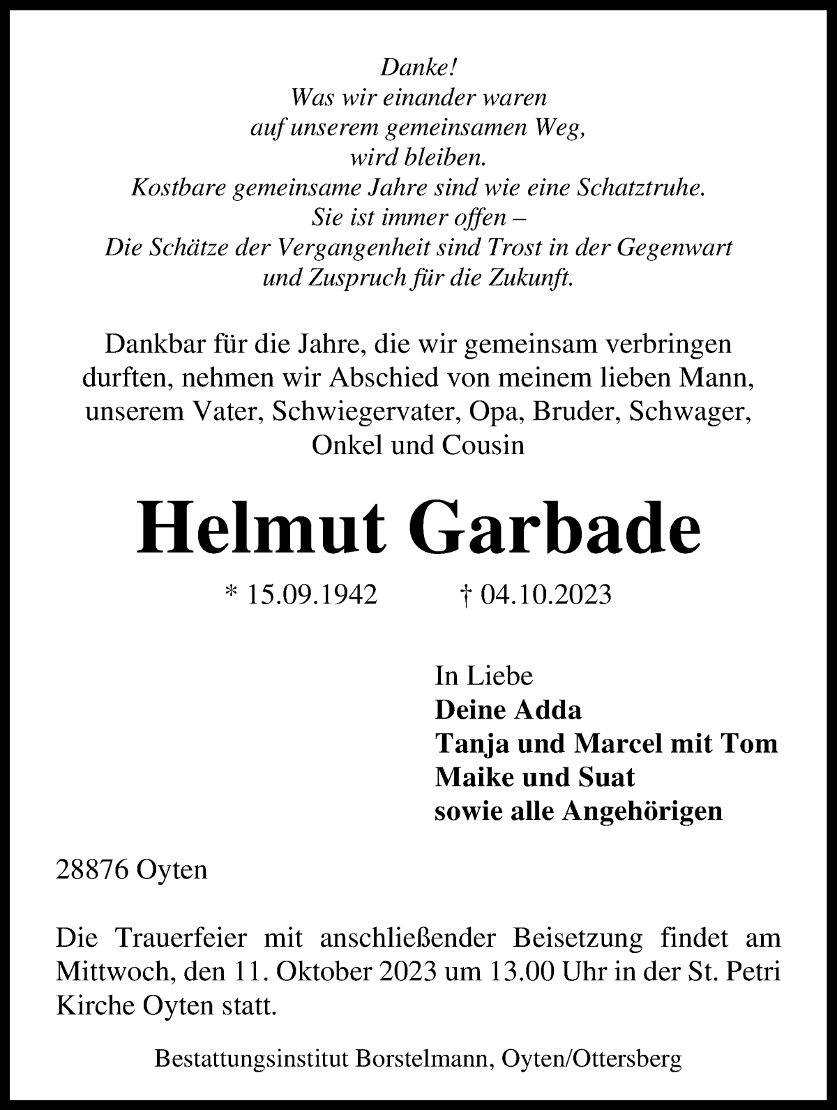 Traueranzeige von Helmut Garbade von WESER-KURIER