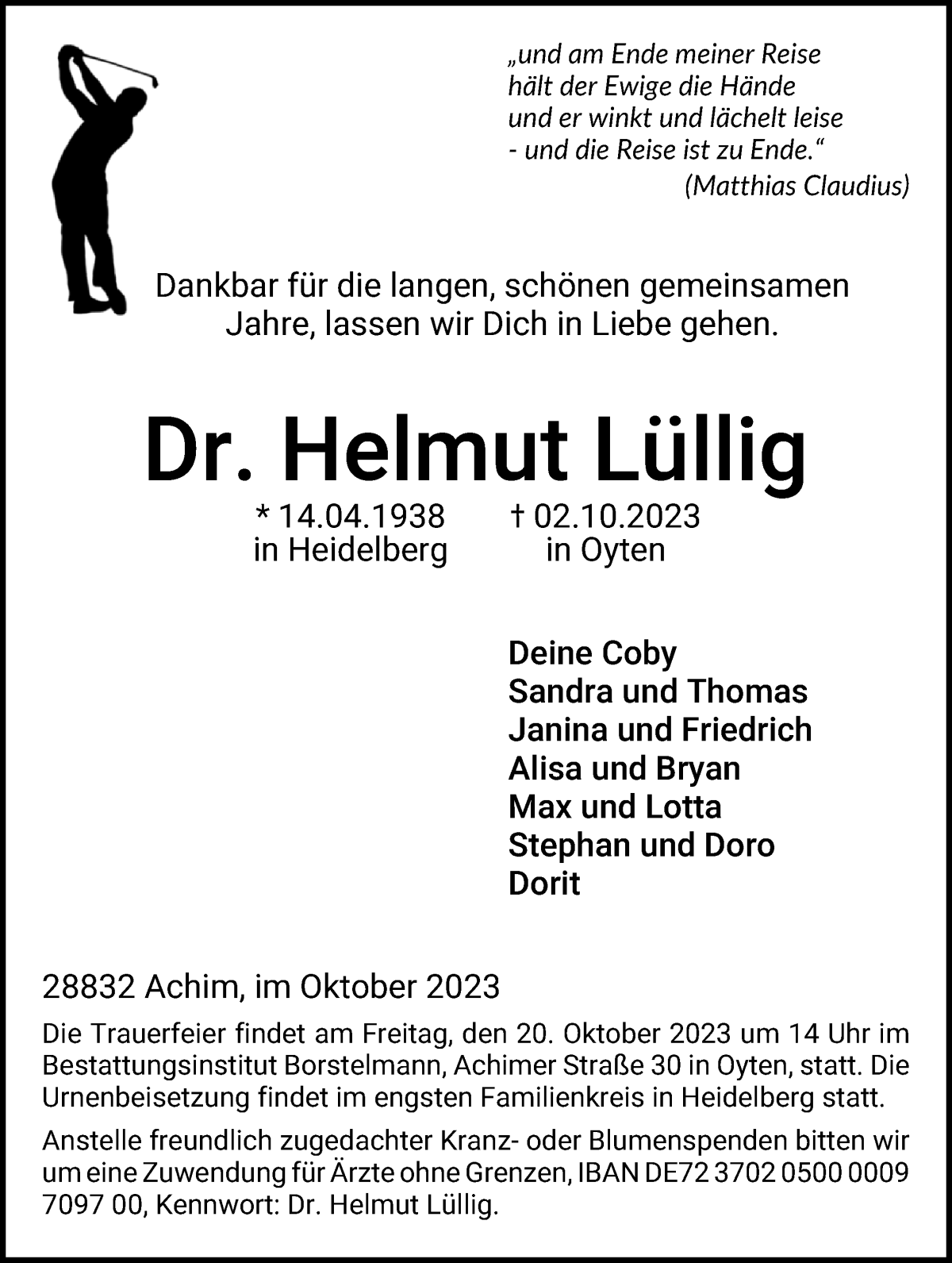 Traueranzeige von Helmut Lüllig von WESER-KURIER